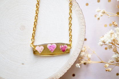 Real Flowers and Resin Necklace, Brass Hearts in Pinks, Valentine's Day Gift