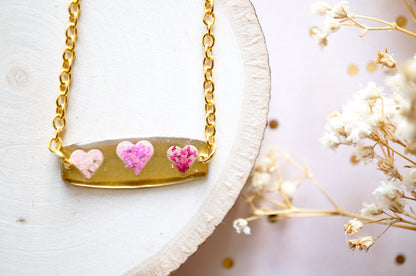 Real Flowers and Resin Necklace, Brass Hearts in Pinks, Valentine's Day Gift