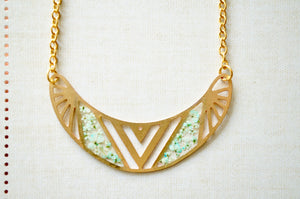 Real Flowers and Resin Necklace, Brass Tribal in Mint