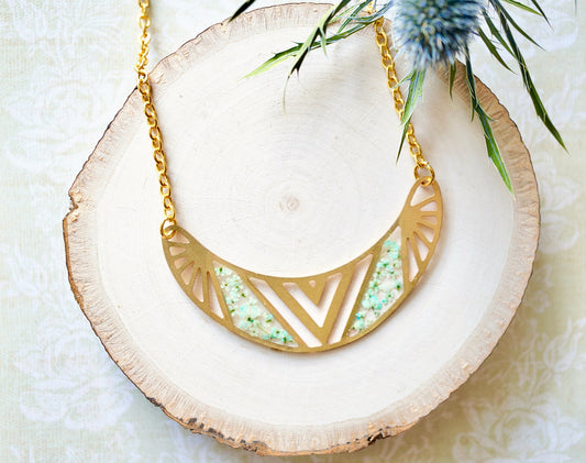 Real Flowers and Resin Necklace, Brass Tribal in Mint