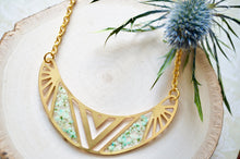 Real Flowers and Resin Necklace, Brass Tribal in Mint