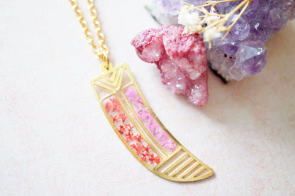 Real Dried Flowers in Resin, Brass Tribal Horn Necklace in Teal Pink Yellow