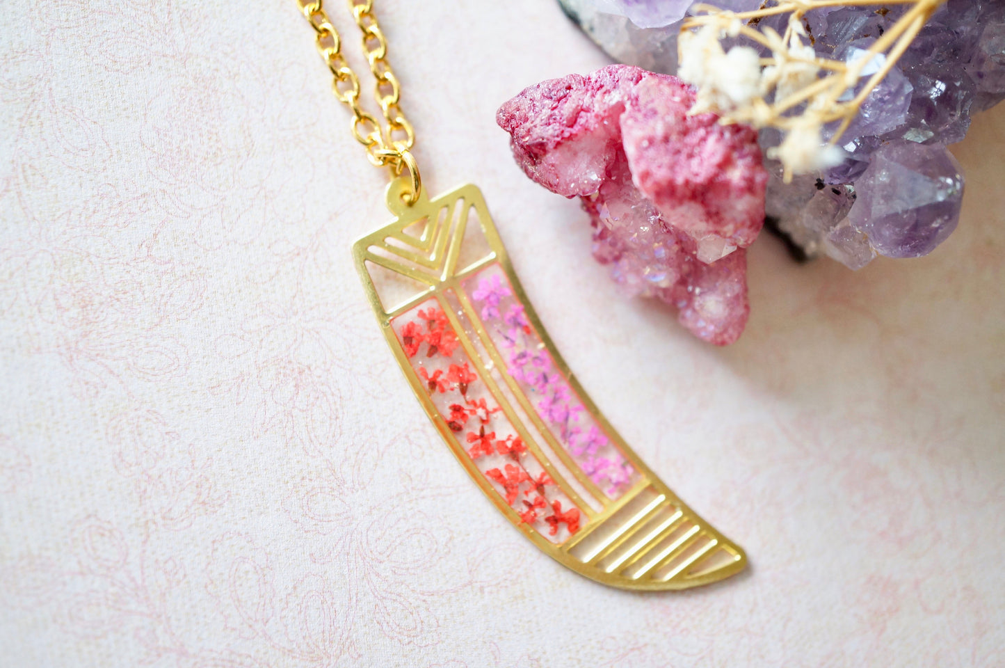 Real Dried Flowers in Resin, Brass Tribal Horn Necklace in Teal Pink Yellow