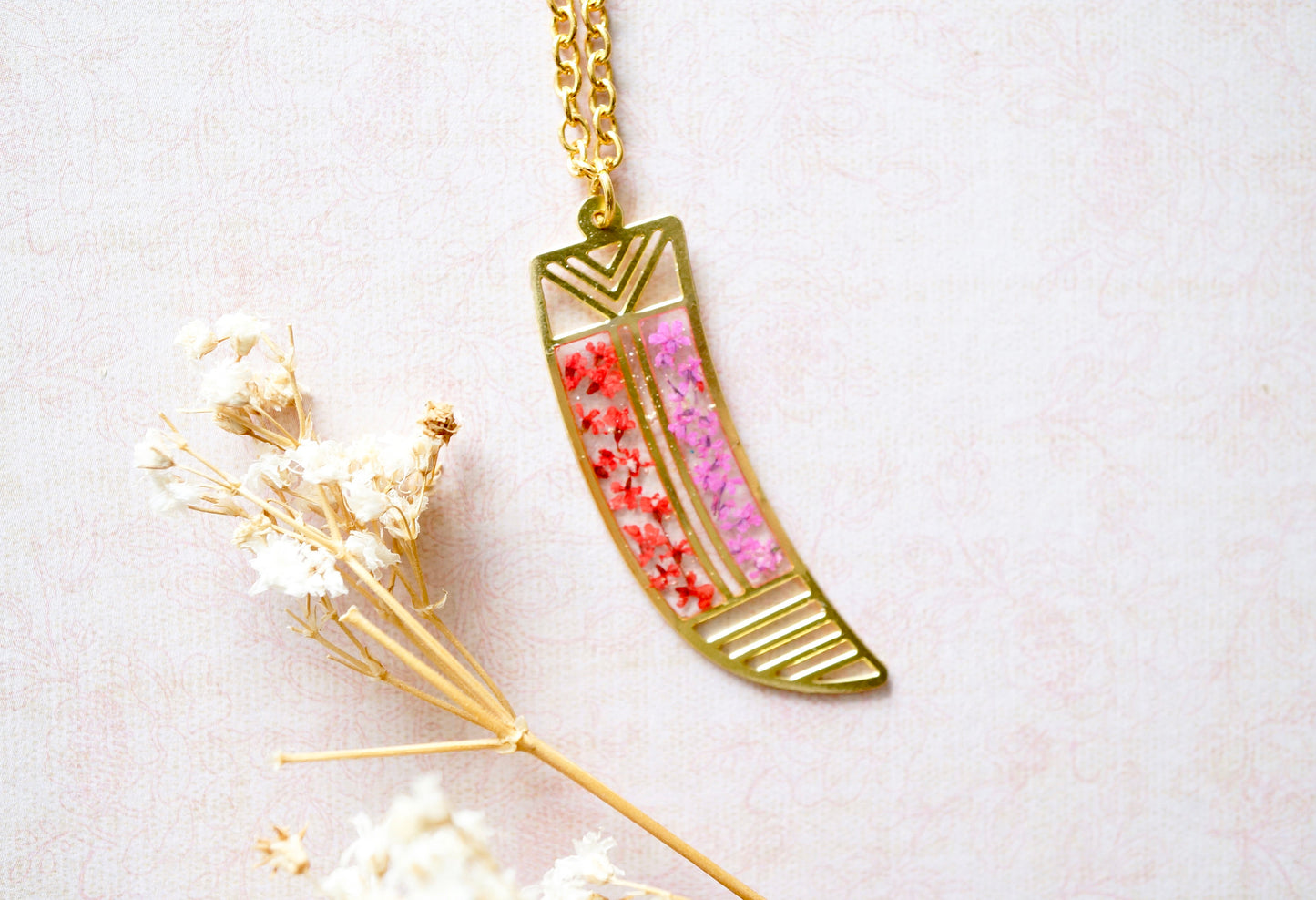 Real Dried Flowers in Resin, Brass Tribal Horn Necklace in Teal Pink Yellow