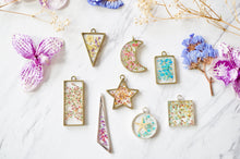 Real Pressed Flowers in Resin, Gold Moon Necklace in Yellow Pink Teal