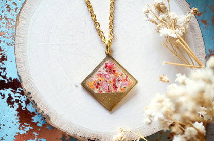 Real Dried Flowers in Resin, Brass Diamond Necklace in Pink Red Orange