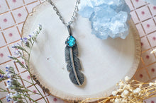 Real Pressed Flowers and Resin Necklace, Silver Feather in Teal