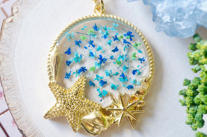 Real Dried Flowers in Resin, Gold Circle With Starfish Necklace in Blue Teal Green