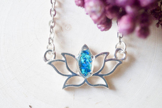 Real Pressed Flowers and Resin Necklace Silver Lotus Flower in Teal and Blue