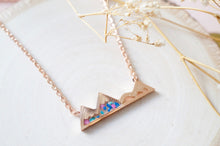 Real Pressed Flowers and Resin Necklace, Rose Gold Mountains in Blue Teal Pink