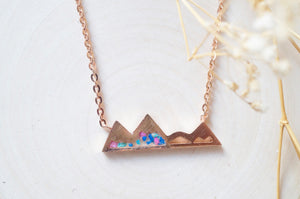 Real Pressed Flowers and Resin Necklace, Rose Gold Mountains in Blue Teal Pink