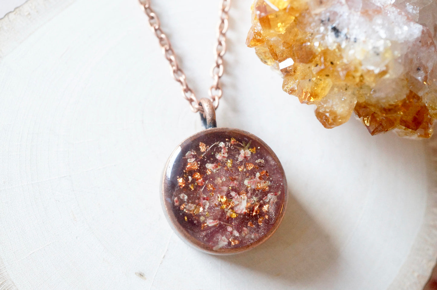 Real Dried Flowers in Resin Necklace, Thick Copper Circle in  Rose Gold Mix