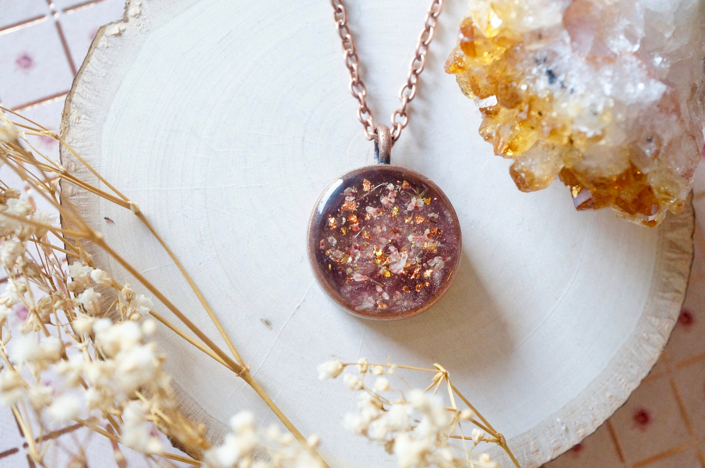 Real Dried Flowers in Resin Necklace, Thick Copper Circle in  Rose Gold Mix