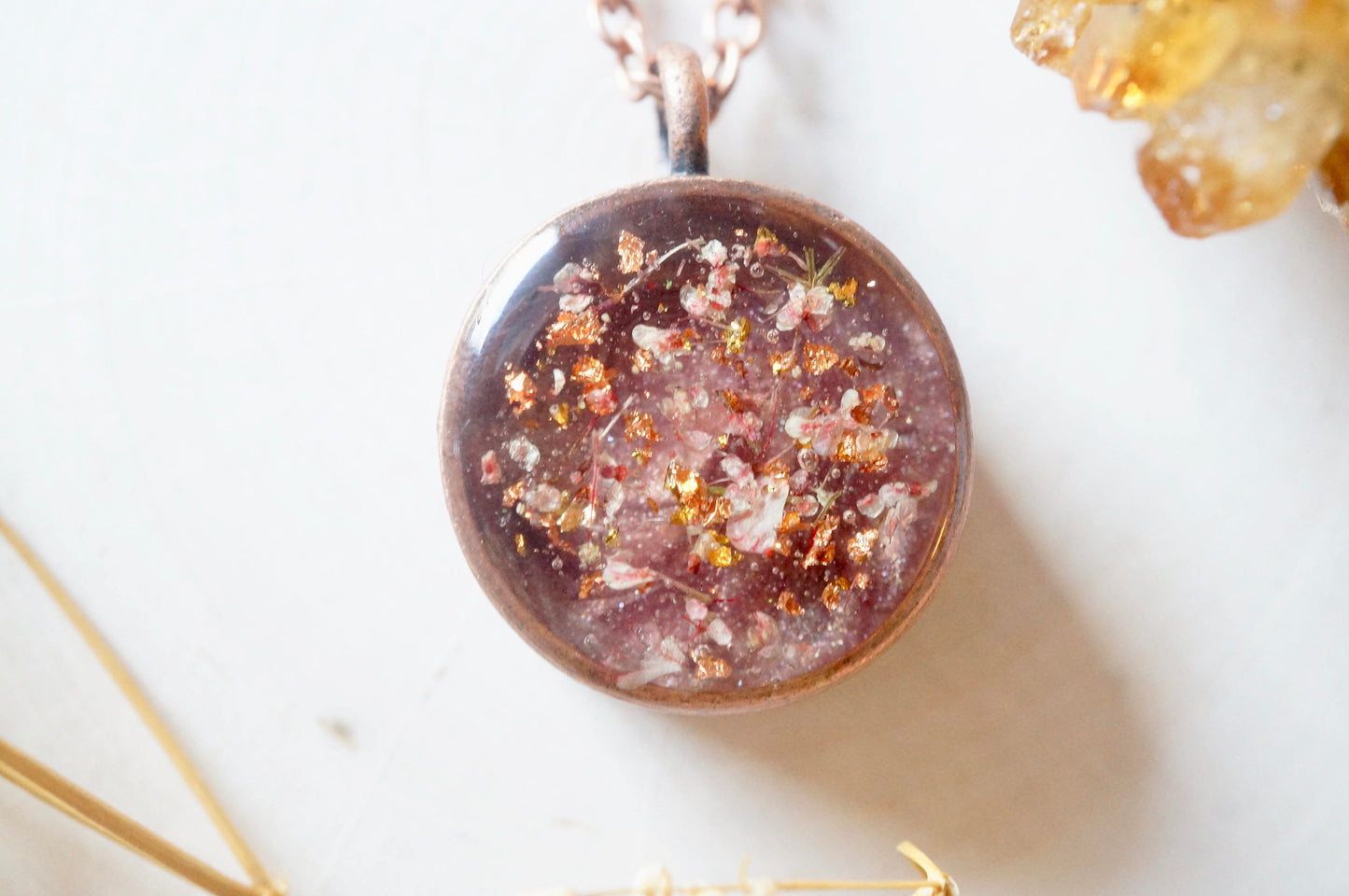 Real Dried Flowers in Resin Necklace, Thick Copper Circle in  Rose Gold Mix