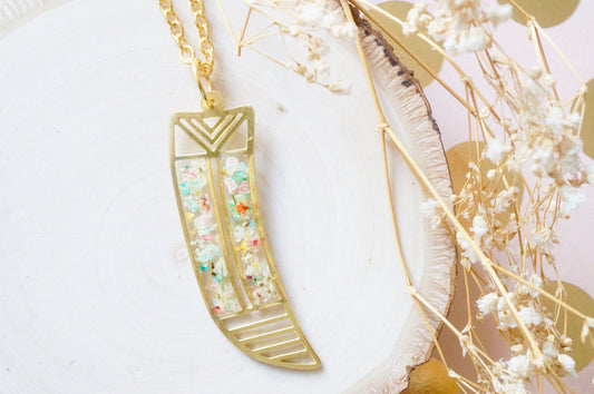 Real Dried Flowers in Resin, Brass Tribal Horn Necklace in Pastel Mix