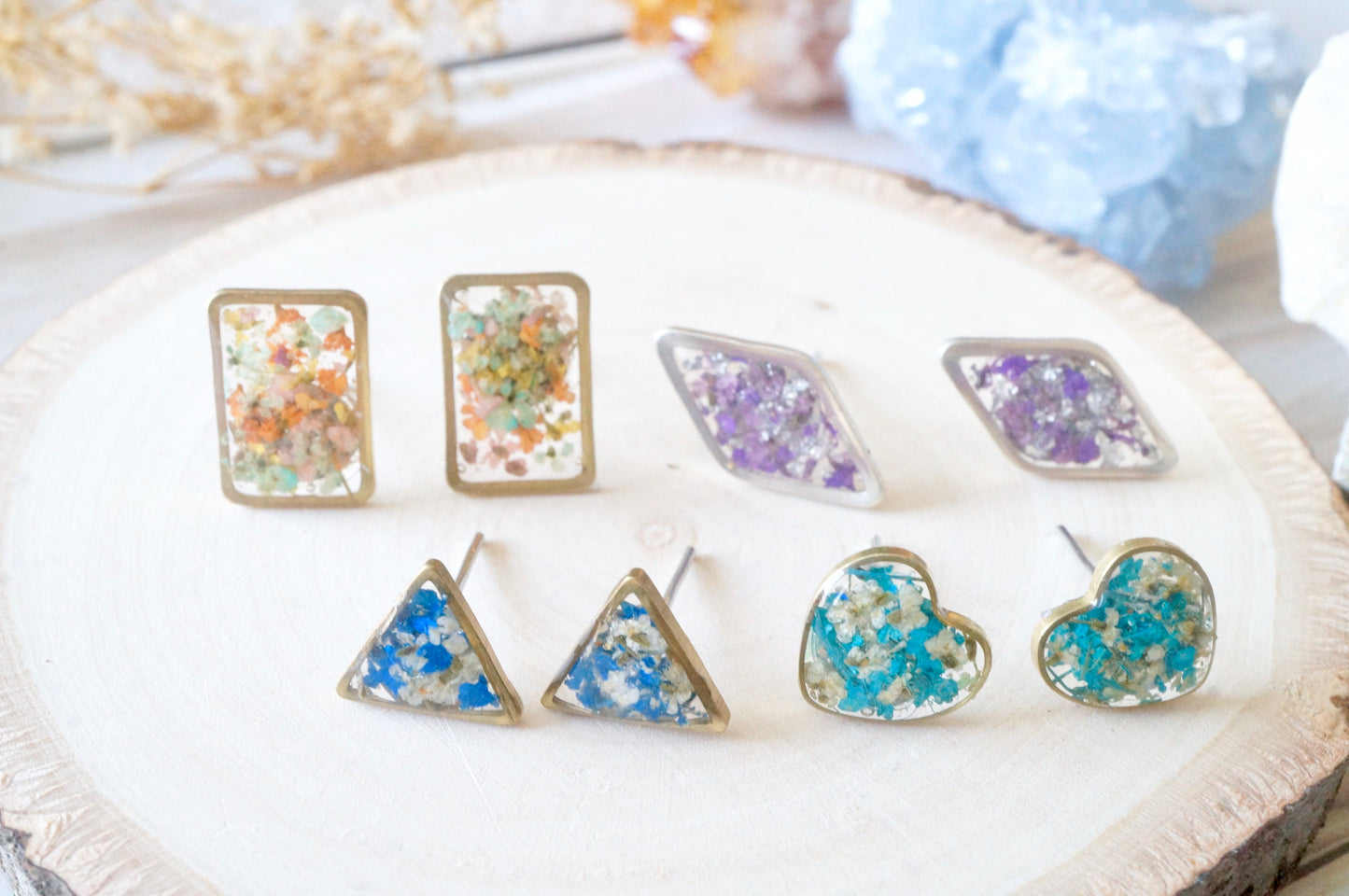 Real Dried Flowers and Resin Triangle Stud Earrings in White and Cobalt Blue