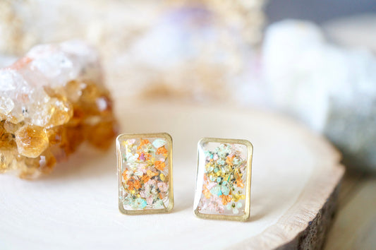 Real Dried Flowers and Resin Stud Earrings, Gold Rectangle in Orange Yellow Pink Mint