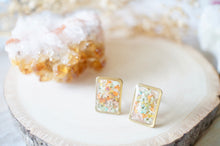 Real Dried Flowers and Resin Stud Earrings, Gold Rectangle in Orange Yellow Pink Mint
