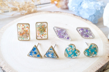 Real Pressed Flowers and Resin Stud Earrings, Silver Circles with Mint and Blue Flowers