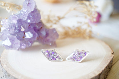 Real Dried Flowers and Resin Diamond Stud Earrings in Purple and Silver Flake