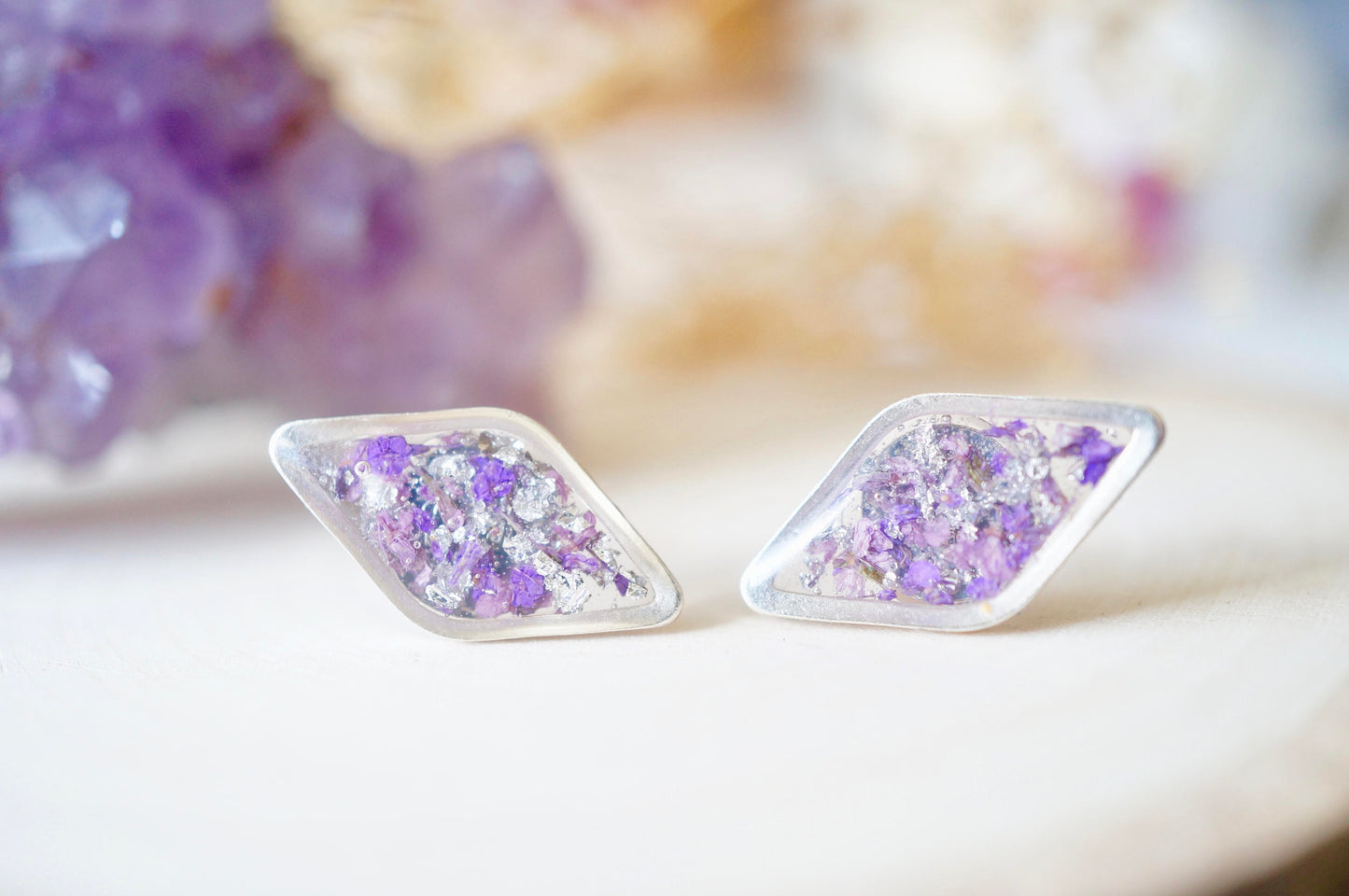 Real Dried Flowers and Resin Diamond Stud Earrings in Purple and Silver Flake