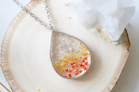 Real Dried Flowers in Resin, Silver Necklace in Red Orange Yellow and Silver Foil Flakes