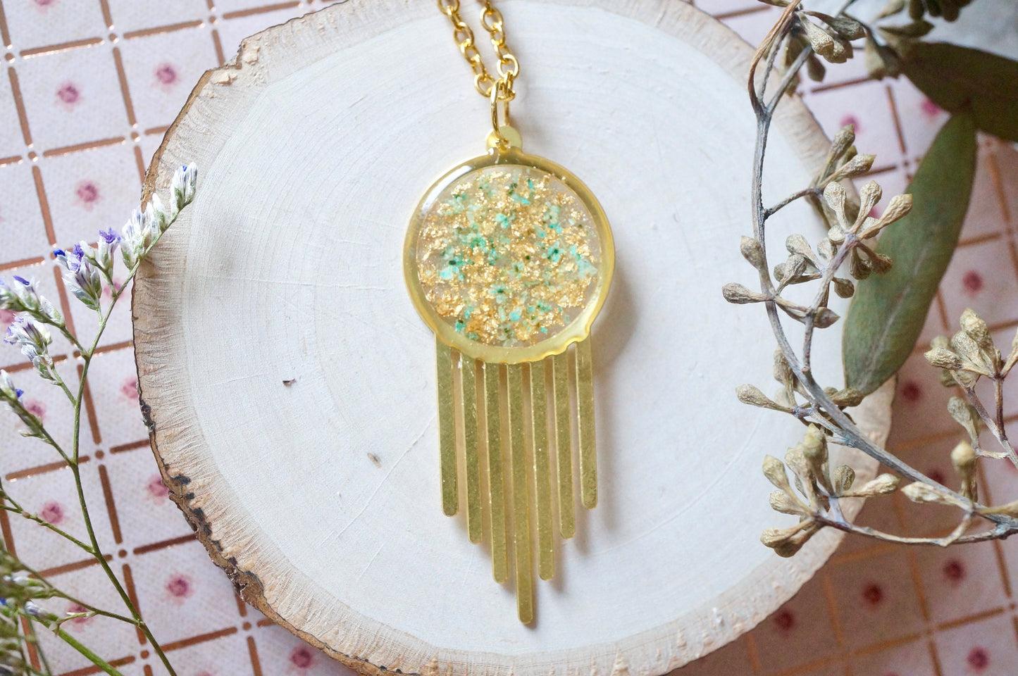 Real Dried Flowers in Resin, Brass Necklace in Mint With Gold Foil