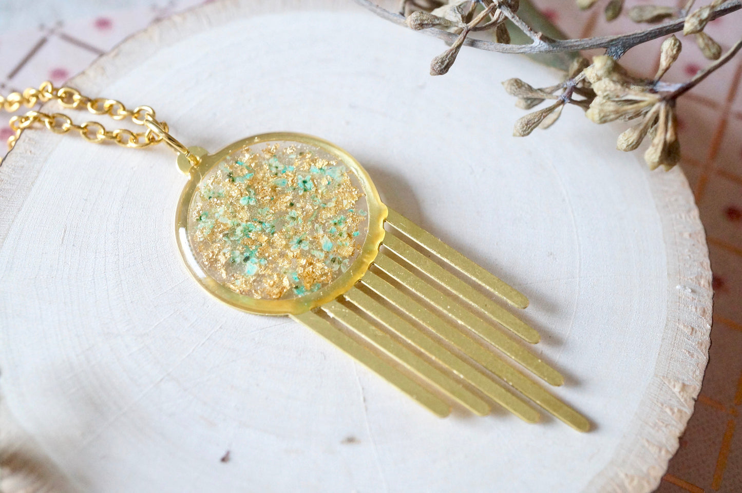 Real Dried Flowers in Resin, Brass Necklace in Mint With Gold Foil