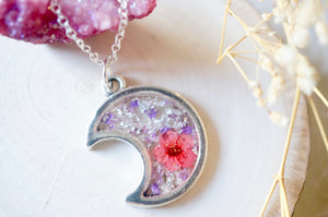 Real Dried Flowers and Resin Necklace, Silver Moon in Purple Pink and Silver Foil Flakes