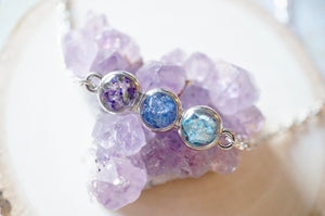 Real Pressed Flowers and Resin, Bar Necklace in Purple, Cornflower Blue, and Light Blue Ombre