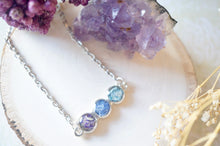 Real Pressed Flowers and Resin, Bar Necklace in Purple, Cornflower Blue, and Light Blue Ombre