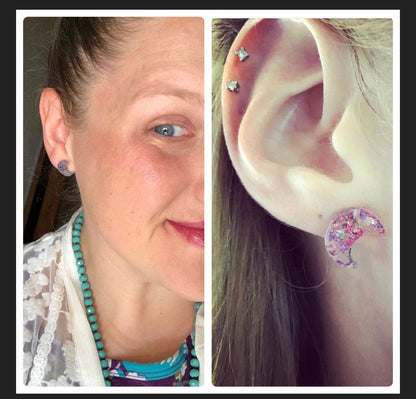 Real Pressed Flowers and Resin Celestial Moon Stud Earrings in Party Mix