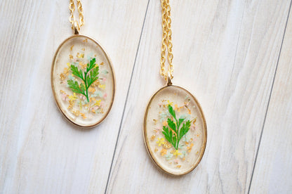 Real Pressed Flowers in Resin, Gold Oval Necklace in Orange Mint Light Pink