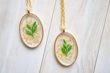 Real Pressed Flowers in Resin, Gold Oval Necklace in Orange Mint Light Pink