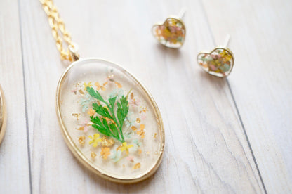 Real Pressed Flowers in Resin, Gold Oval Necklace in Orange Mint Light Pink