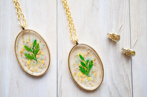 Real Pressed Flowers in Resin, Gold Oval Necklace in Orange Mint Light Pink
