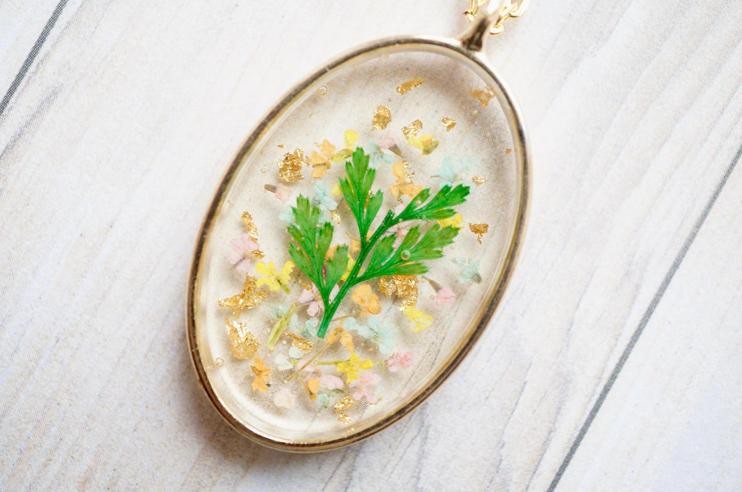 Real Pressed Flowers in Resin, Gold Oval Necklace in Orange Mint Light Pink