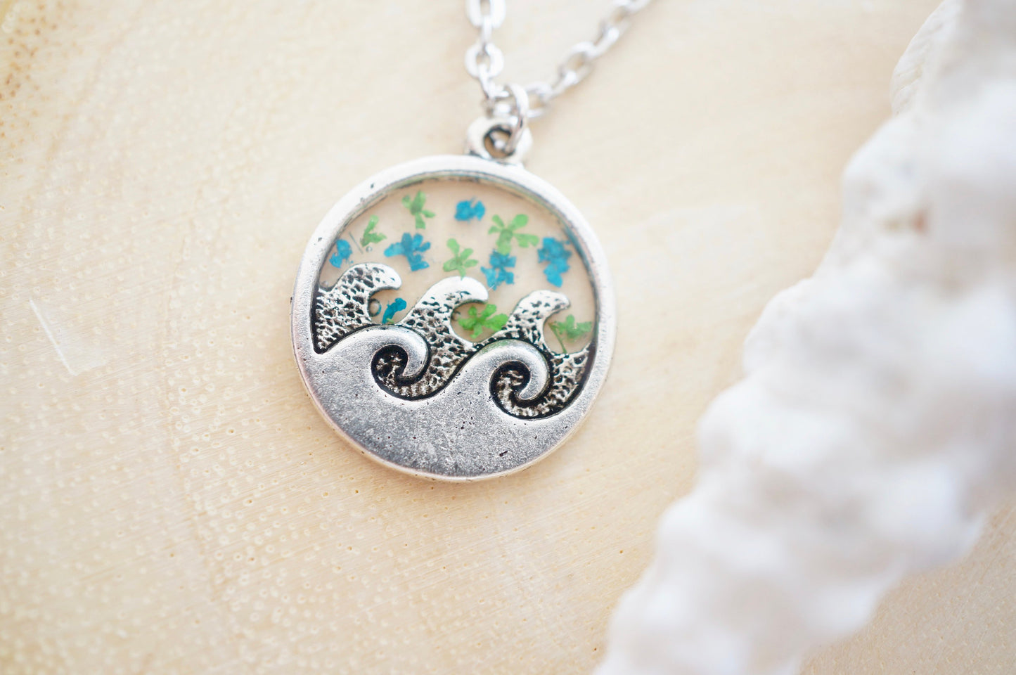 Real Pressed Flowers in Resin, Silver Circle Wave Necklace in Teal and Green