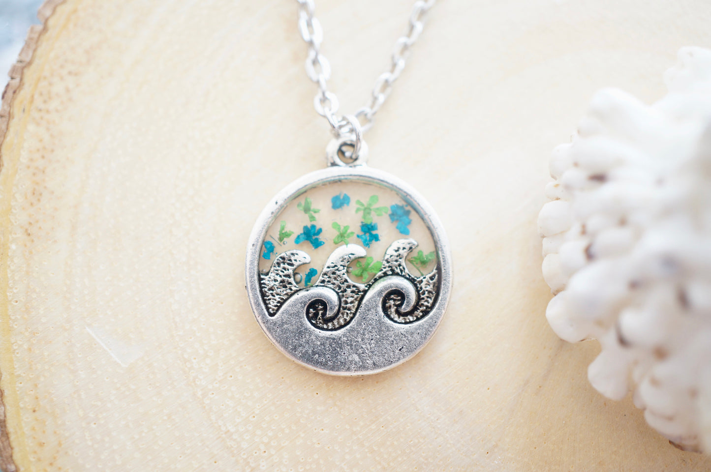 Real Pressed Flowers in Resin, Silver Circle Wave Necklace in Teal and Mint