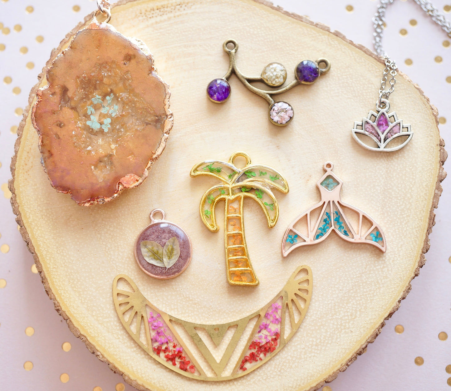 Real Pressed Flowers in Resin, Rose Gold Mermaid Tail Necklace in Teal and Mint