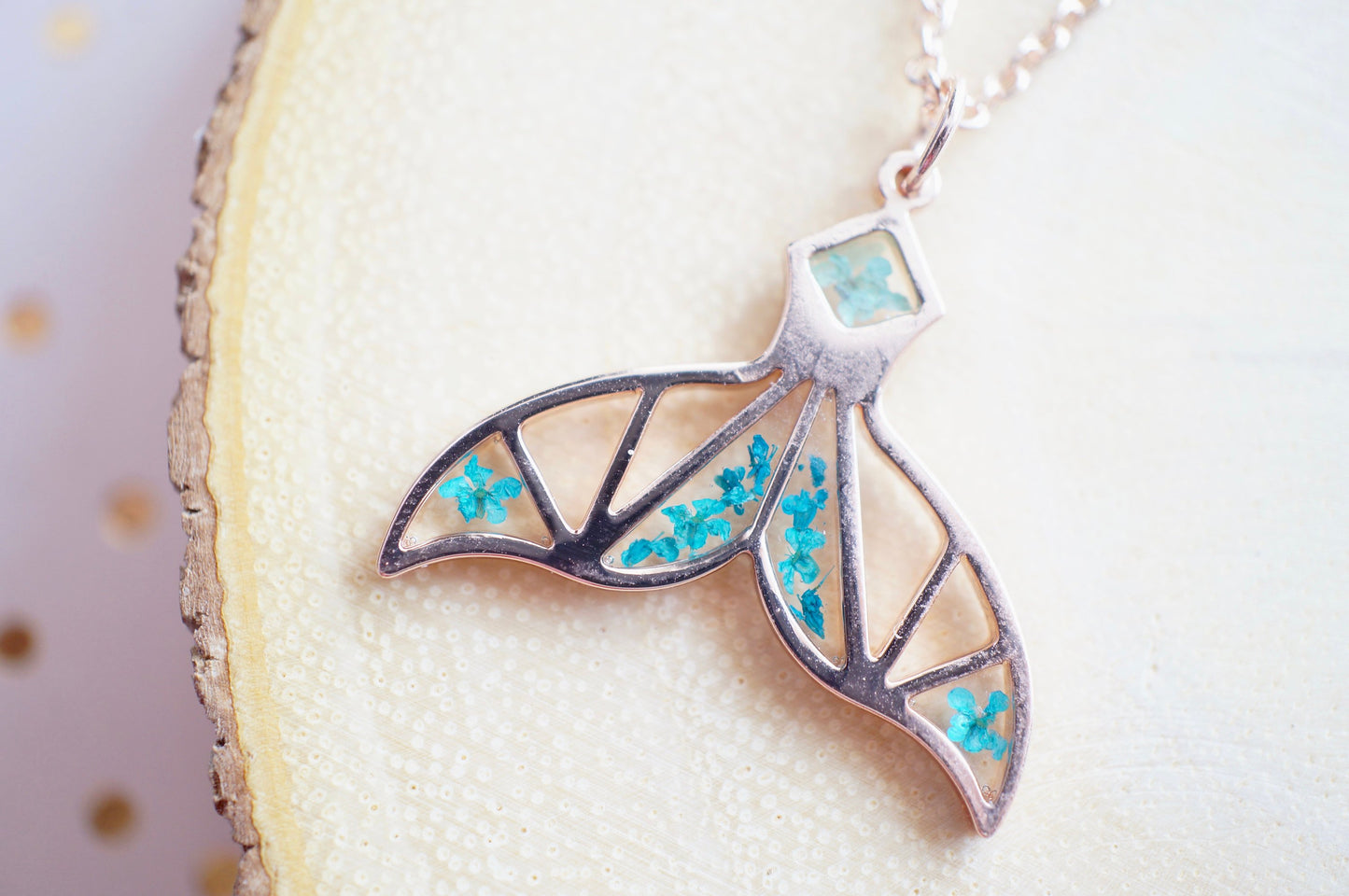 Real Pressed Flowers in Resin, Rose Gold Mermaid Tail Necklace in Teal and Mint