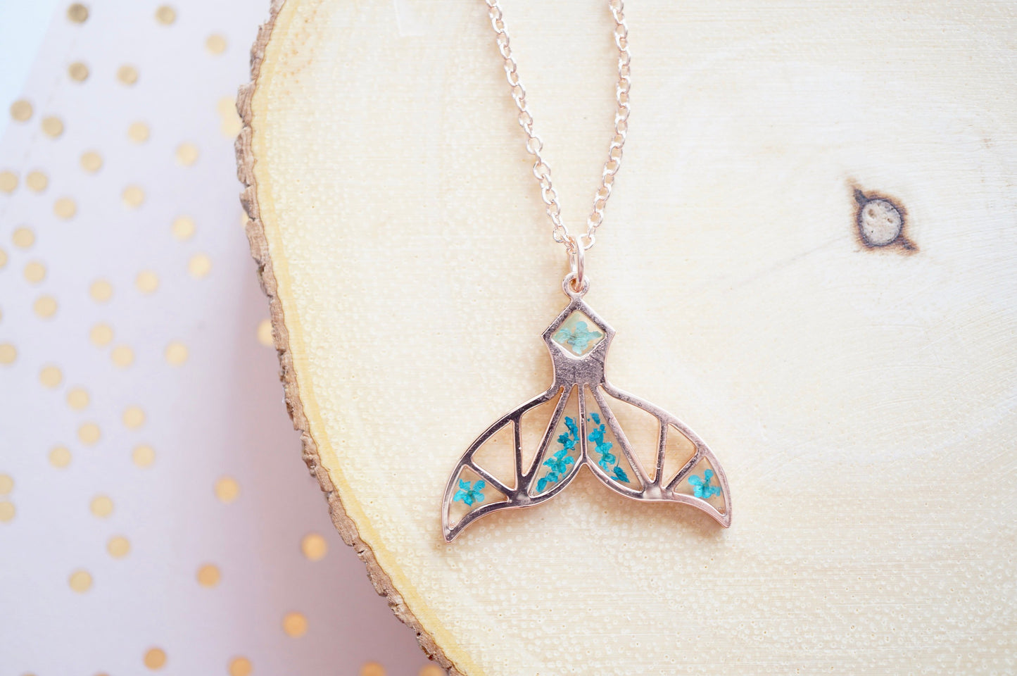 Real Pressed Flowers in Resin, Rose Gold Mermaid Tail Necklace in Teal and Mint