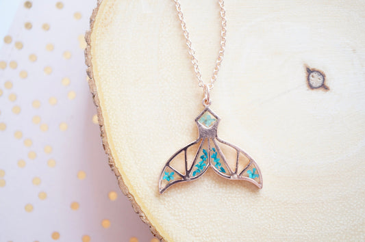 Real Pressed Flowers in Resin, Rose Gold Mermaid Tail Necklace in Teal and Mint