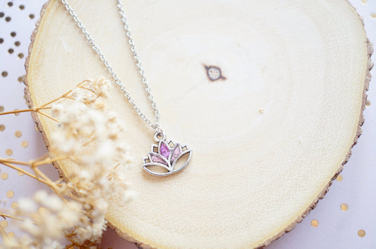 Real Pressed Flowers in Resin, Silver Lotus Necklace in Pinks