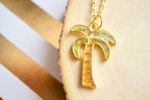 Real Pressed Flowers in Resin, Gold Palm Tree Necklace in Green and Orange