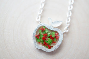 Real Pressed Flowers in Resin, Silver Apple Necklace in Green and Red