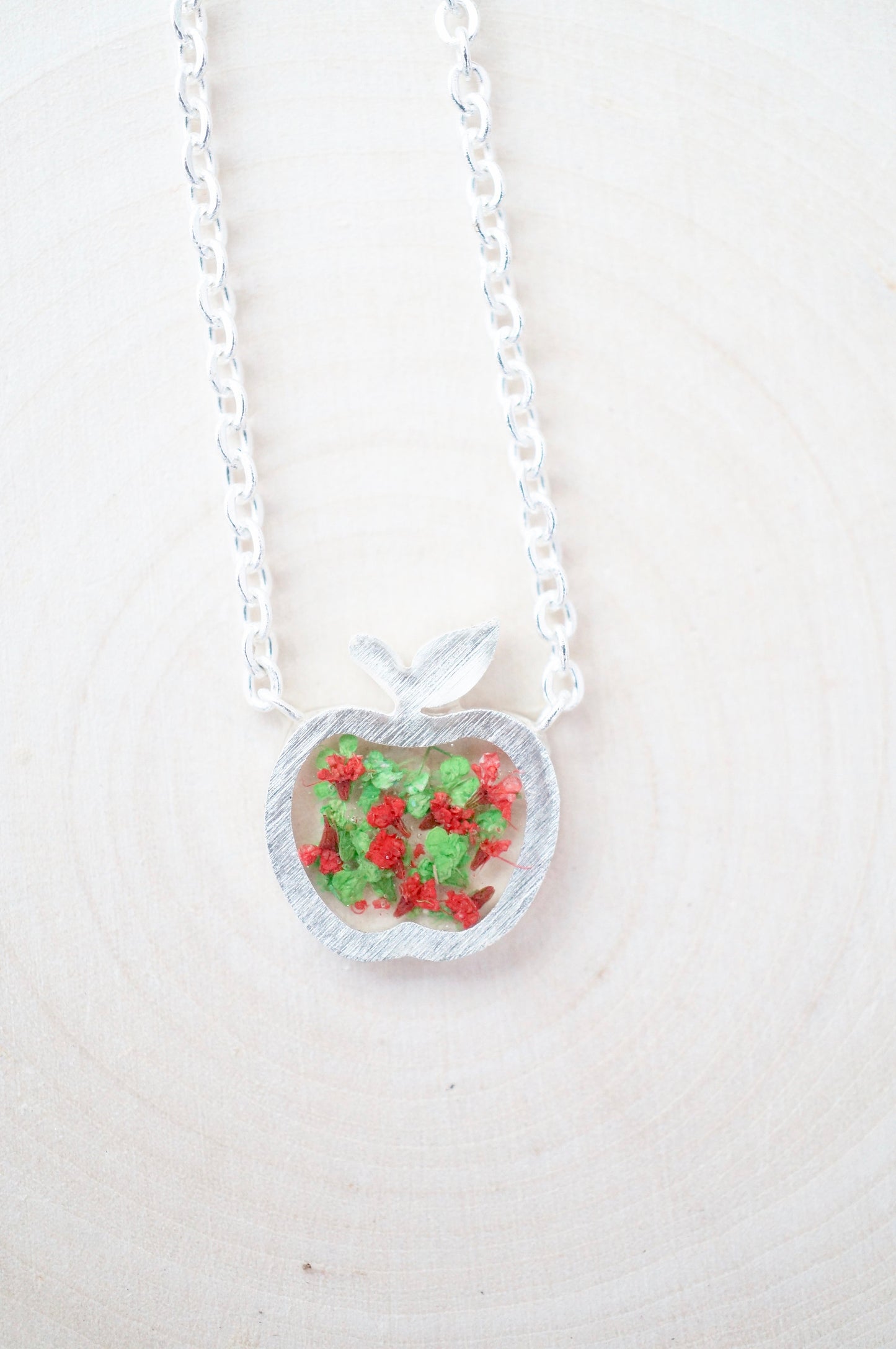 Real Pressed Flowers in Resin, Silver Apple Necklace in Green and Red