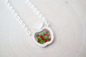 Real Pressed Flowers in Resin, Silver Apple Necklace in Green and Red