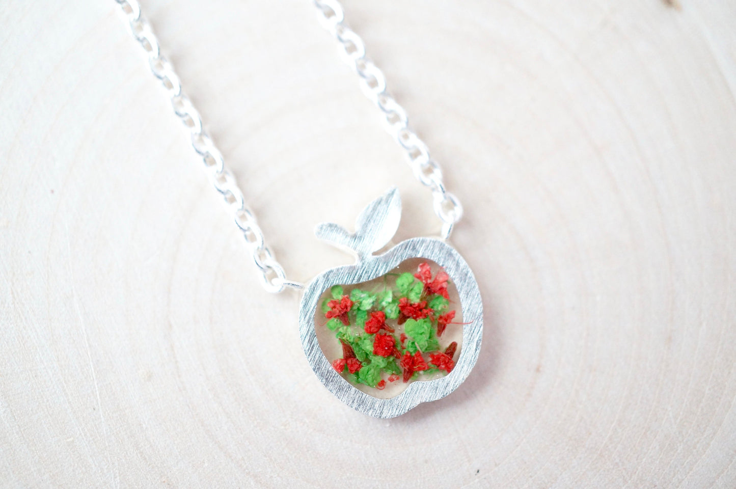 Real Pressed Flowers in Resin, Silver Apple Necklace in Green and Red