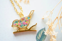Real Pressed Flowers in Resin, Gold Bird Necklace in Teal Pink Yellow